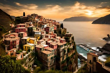 Fotobehang A high-resolution image of Vernazza village's cliffside terraces, adorned with vineyards and olive groves, illustrating the region's agricultural beauty © Goshi