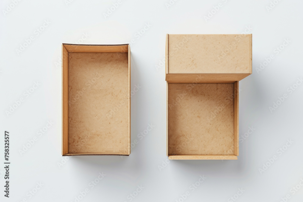 Aufkleber Two open boxes on a white surface. Suitable for packaging or delivery concepts