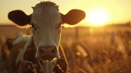 A brown and white cow in a peaceful field. Suitable for agricultural concepts - obrazy, fototapety, plakaty