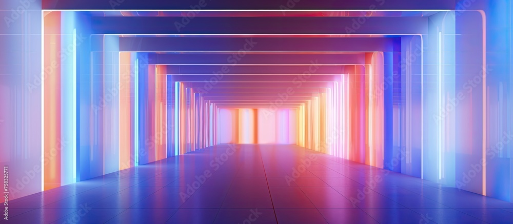 Sticker a visually stunning long hallway with electric blue, violet, magenta, and purple neon lights creatin