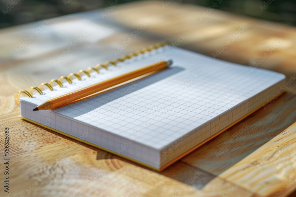 Poster a notepad with a pencil on top of it. perfect for office or education concepts