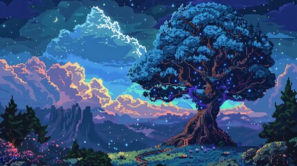 Pixel art Yggdrasil tree mythology landscape with digital sunset stars and fantasy elements - obrazy, fototapety, plakaty