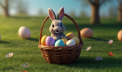 Easter, Easter eggs in a basket, a jolly hare carrying them.