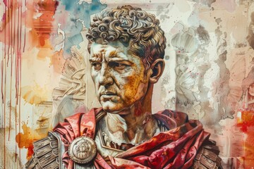Fototapeta na wymiar Watercolor portrait of Trajan the Roman Emperor in historical military costume