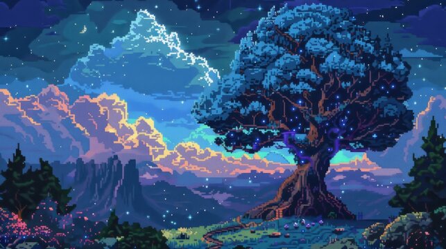 Pixel art Yggdrasil tree mythology landscape with digital sunset stars and fantasy elements