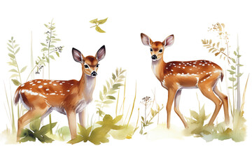 white image set young fawn wild illustration white forest deer park watercolor elements deers animal grass bambi back forest wildlife animal beautiful fern spots background