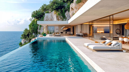 Modern cliffside villa with infinity pool overlooking the ocean, featuring sun loungers and greenery.