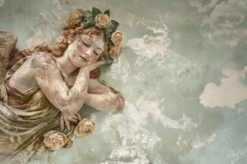 Goddess Venus depicted as a symbol of love and beauty amongst roses and dreamy clouds in an ethereal art style