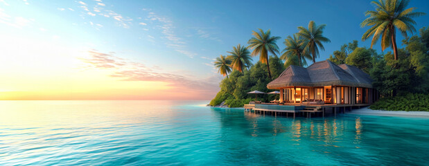 Luxury Overwater Villa at Sunset. Elegant overwater villa with a stunning sunset backdrop in a tropical locale. banner