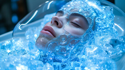 Close-up of a woman in sci-fi cryogenic preservation, wearing a futuristic helmet - 758326190