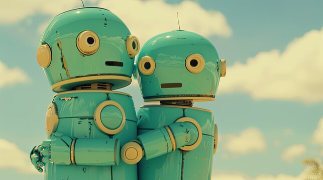 Two robot cyborgs hugging each other. Robots having feelings and romantic relationship. The concept of helping, supporting, understanding and comforting. Illustration for cover, card, interior design.