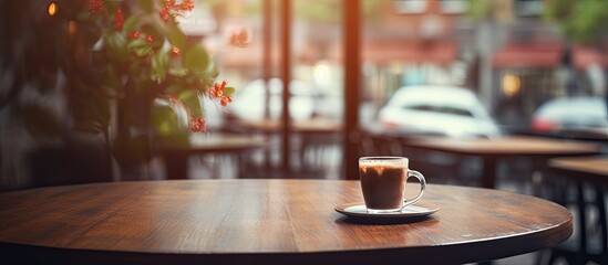 A coffee cup is placed on a hardwood table inside a cafe building, near a window. The tableware rests on the wooden flooring, adding to the cozy atmosphere