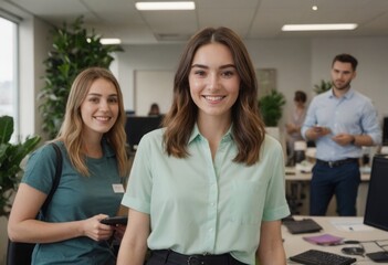 Two women smile at the camera in a bustling office. They exude friendliness and professionalism.