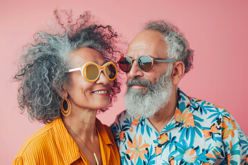 Cheerful multi ethnic senior hipster couple with modern clothes and sunglasses over colorful pink background