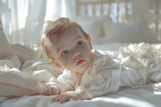 A peaceful image of a baby laying on a white bed. Ideal for baby products advertising