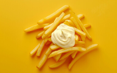 Tempting treat: golden, crispy fries served with a dollop of creamy mayonnaise, captured from a tantalizing top-down perspective