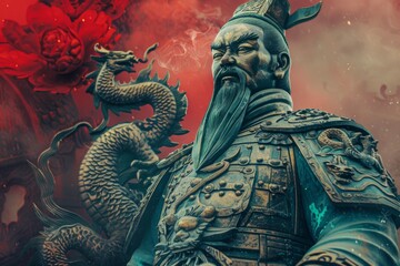 Tsar Sun Tzu as a symbolic military strategist with mythical dragon and armor - obrazy, fototapety, plakaty