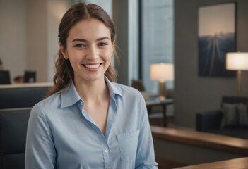 Professional woman smiling at her workplace. Dressed in a blue shirt, in an office setting.