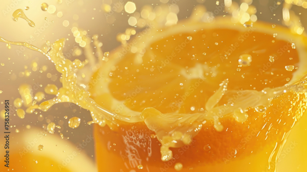 Poster a refreshing glass of orange juice with a splash of water. perfect for health and beverage concepts