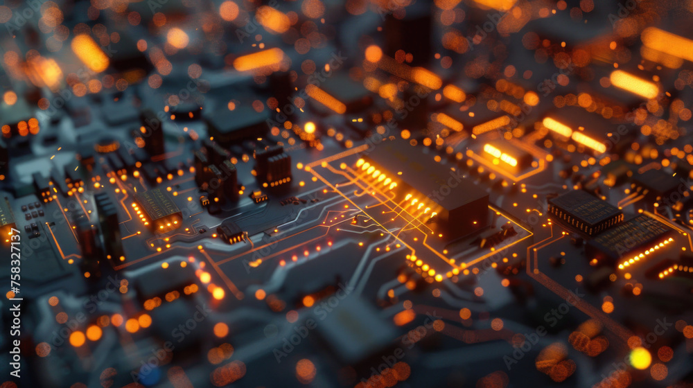 Poster Detailed view of a circuit board with illuminated lights. Ideal for technology and innovation concepts