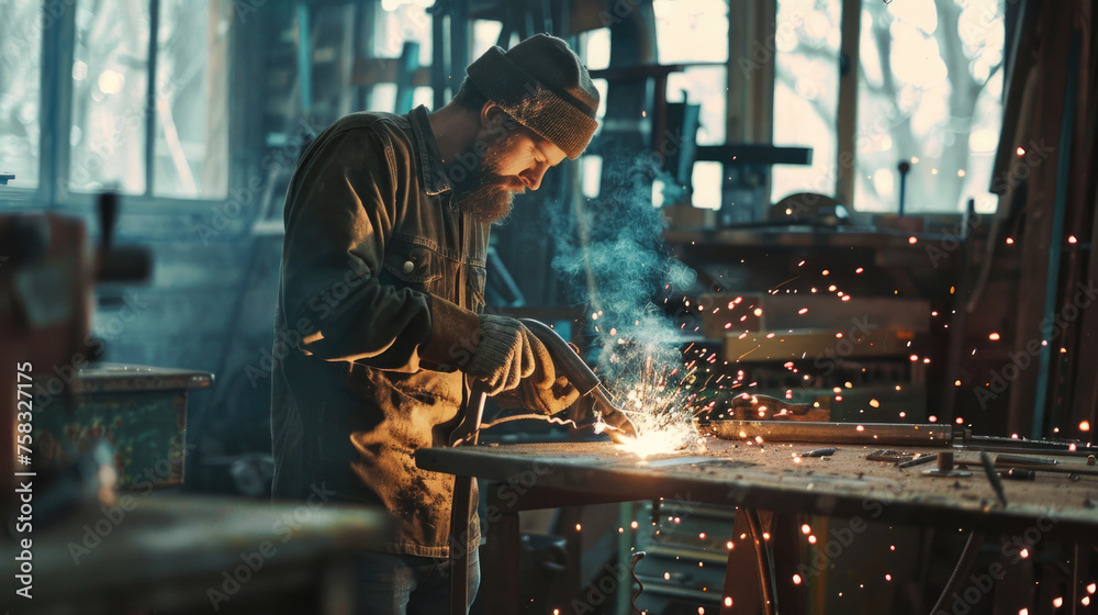 Poster a man is working on a piece of metal. suitable for industrial and craftsmanship concepts