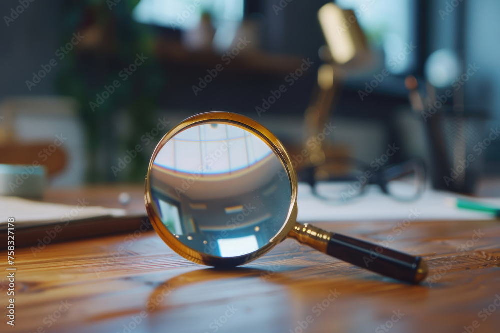Poster a magnifying glass placed on a wooden table, suitable for various concepts and designs