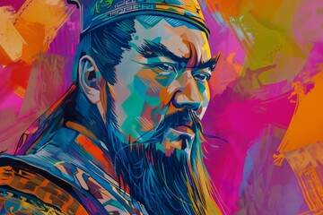 Qin Shi Huang Chinese Emperor pop art style colorful illustration in traditional costume