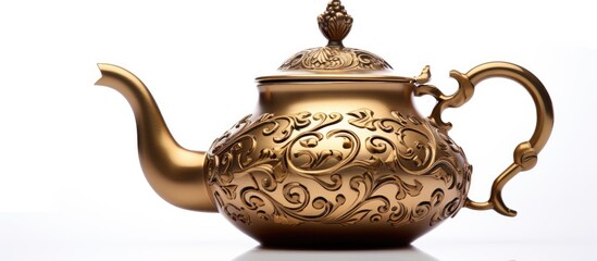 A beautiful gold teapot with a lid, perfect for serving tea, on a clean white background. This piece of tableware is a stunning ceramic artifact adorned with intricate metal handle