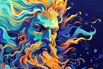 Poseidon god of the ocean depicted in a myth-inspired Greek deity fantasy illustration with epic vibrant colors