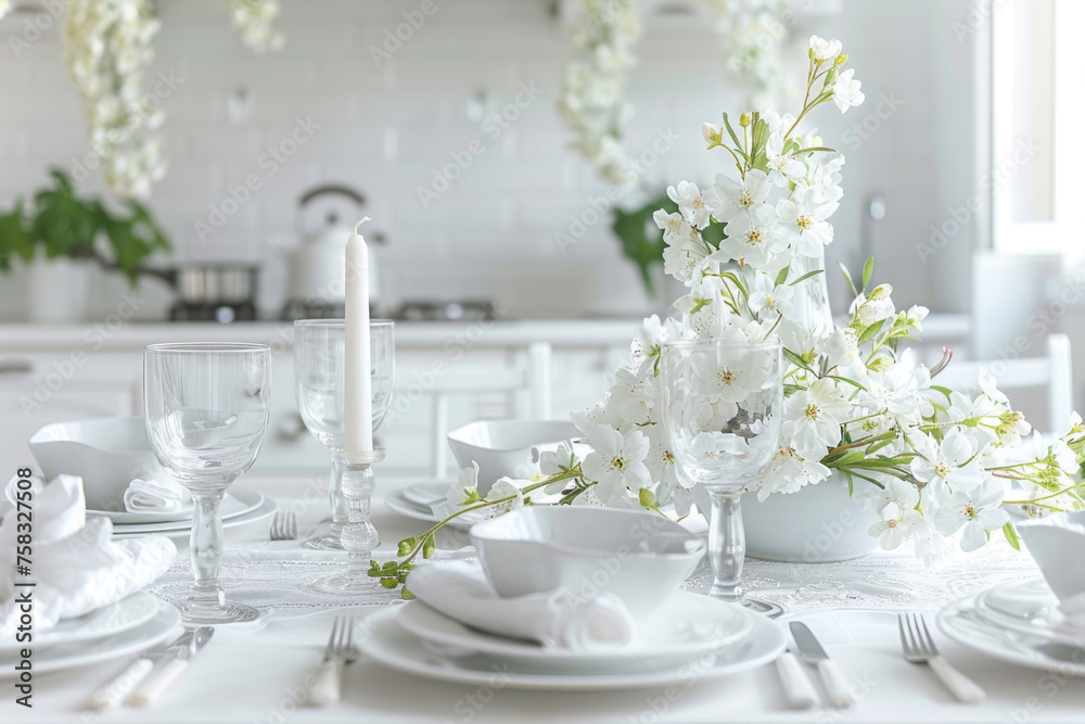 Poster a beautifully arranged table with white plates and silverware, perfect for elegant events