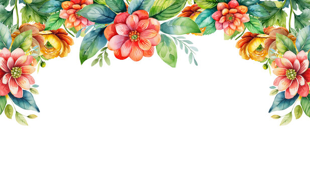 watercolor red flower with leaves, border corner isolated on transparent background