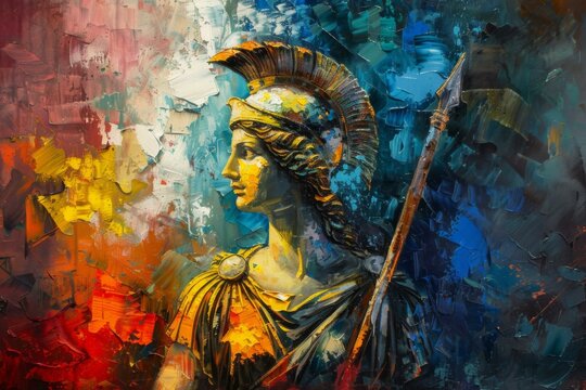 Athena the goddess of strategy depicted in a vibrant oil painting with Greek warrior elements