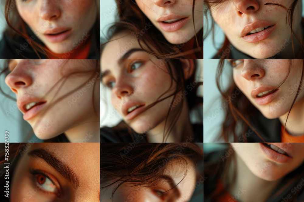 Poster a collage of different angles and expressions of a woman's face. suitable for various design project