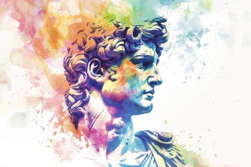 Watercolor Apollo bust showcases art, mythology, Greek god, and painting in vibrant colors