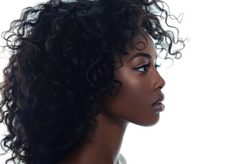 Close up of a woman with curly hair, perfect for beauty and fashion concepts