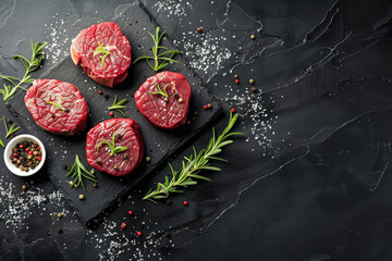Succulent steaks on a cutting board with aromatic herbs and spices. Perfect for food and cooking concepts