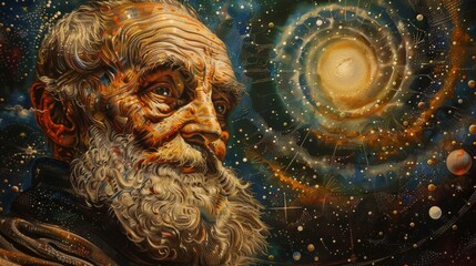 Galileo portrayed with astronomy symbols in an artful universe of stars and galaxies