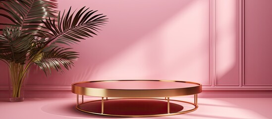 A pink room featuring a gold podium and a palm tree. The room is decorated with automotive lighting, purple accents, and a wooden rectangle table. The flooring complements the automotive design theme