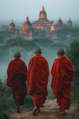 Group of monks walking on a dirt road, suitable for religious or spiritual concepts - obrazy, fototapety, plakaty