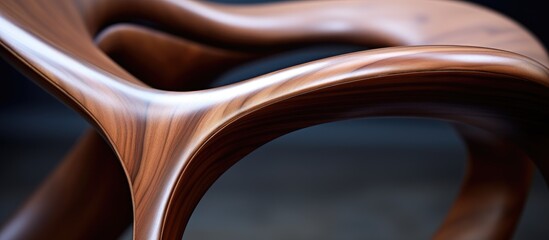 A detailed closeup of a brown wooden chair against a black background, showcasing the intricate patterns and shades of the wood material, accented with metal elements like titanium and steel
