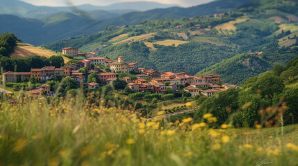 Naklejka premium A scenic view of a small village nestled in the mountains. Ideal for travel brochures or outdoor adventure websites