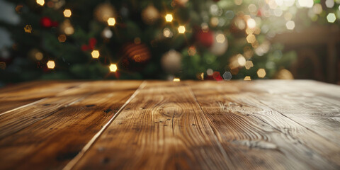 A festive Christmas tree displayed on a rustic wooden table. Perfect for holiday decorations
