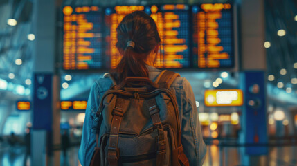 Woman with backpack looking around airport, travel concept