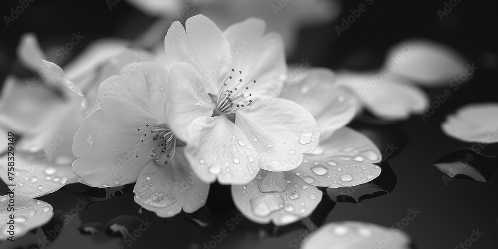 Poster close-up photo of a flower with dew drops, suitable for various design projects