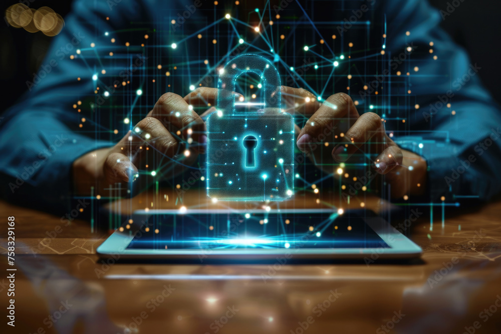 Poster person holding a tablet displaying a digital image, suitable for technology or digital marketing con
