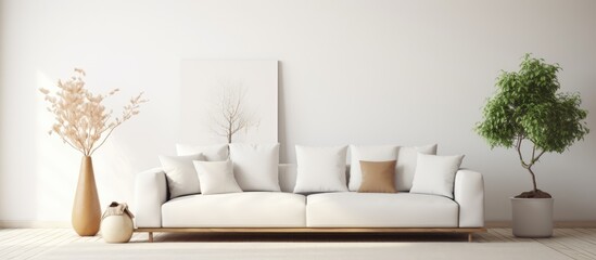 Minimalist white sofa in a Scandinavian-style living room.