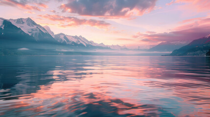Stunning view of mountain range reflected in calm water. Perfect for nature and landscape backgrounds