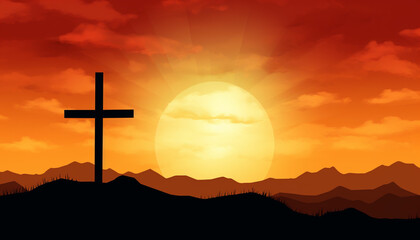 the cross is silhouetted against the sunset