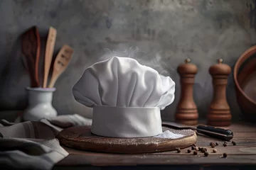 Fensteraufkleber A chef hat placed on a wooden cutting board. Ideal for culinary concepts © Fotograf