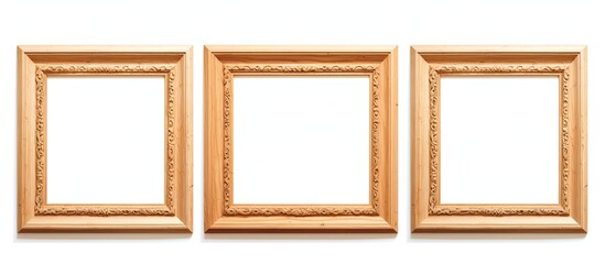 Three rectangular hardwood picture frames in a brown wood stain, showcasing a symmetrical pattern on a white background